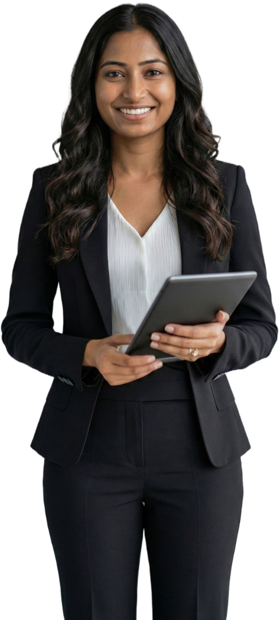Professional woman in a business suit holding a tablet