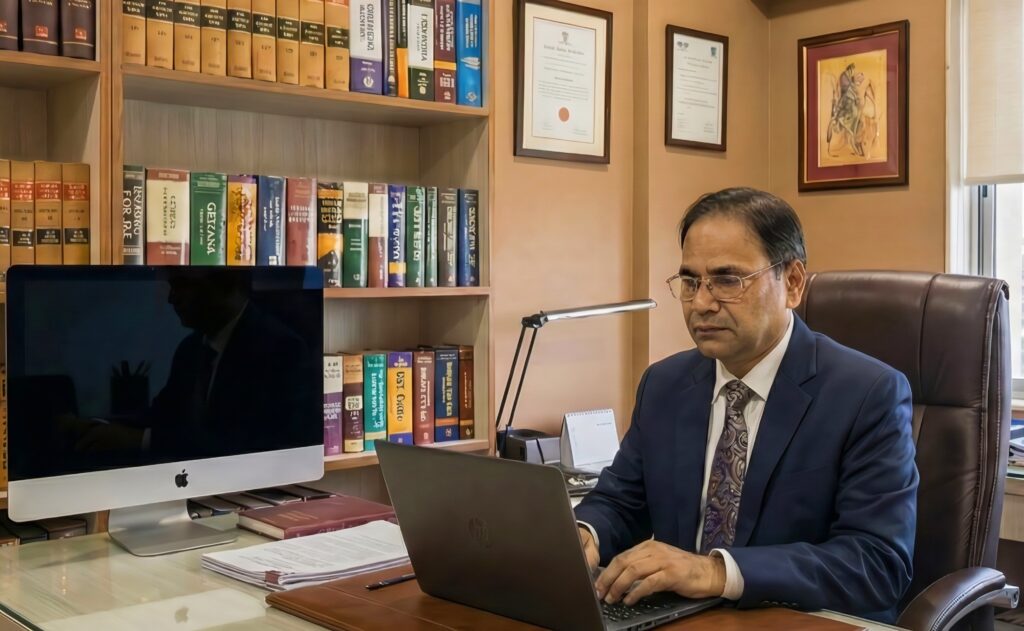 CA Pramod Saraogi working on a laptop in his office lined with law and tax books